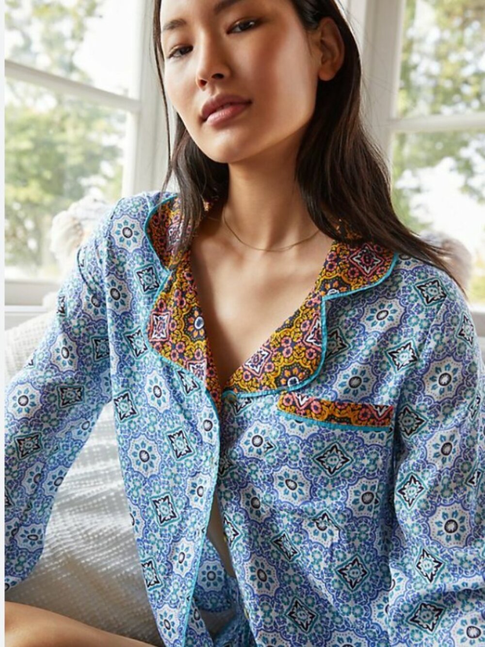 By Anthropologie Women's Blue Medallion Print Jacket Boho Paisley Trim Size L